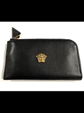 Versace Black Leather Medusa Zip Card & Key Holder with Gold Hardware